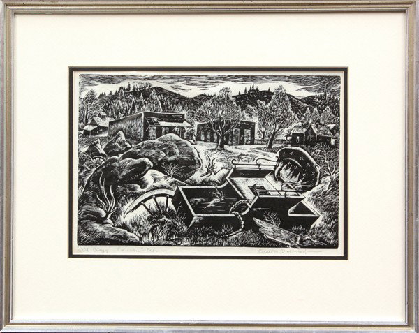 Linocut, Charles Surendorf, Old Buggy: Framed linocut, ''Old Buggy-Columbia,'' by Charles Surendorf (Californian, 1906-1979), pencil signed, titled, and numbered within lower margin, sight: 7.75''h x 11.25''w, overall: 14''h x 17.5''w