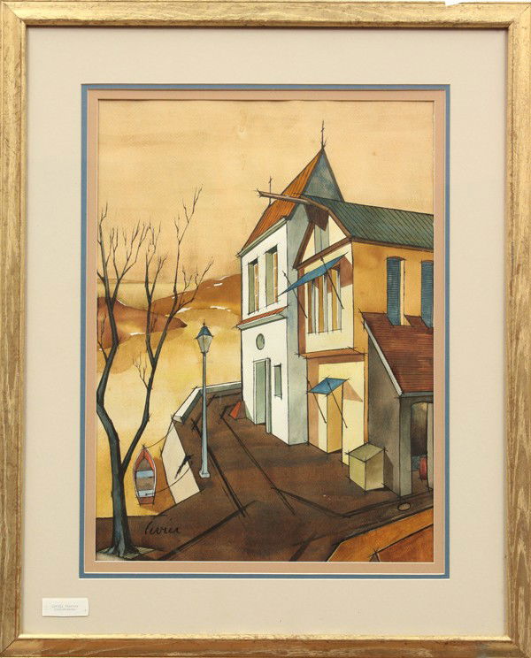 Painting, Charles Levier, Street Side Dock: Framed gouache on paper, Street Side Dock, by Charles Levier (American, 1920-2004), signed ''Levier'' lower left, sight: 24.75''h x 18''w, overall: 35.5''h x 29''w