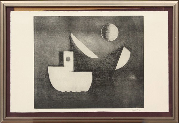 Engraving, Paul Resika, Lunar Boat: Framed engraving, Lunar Boat, by Paul Resika (American, b. 1928), pencil signed ''Resika'' lower right, pencil numbered edition of 200 lower left, plate: 19.75''h x 23.5''w, overall: 26''h x 38.5''w