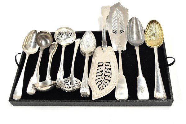 British sterling silver flatware: British sterling silver associated flatware, Dublin, Edinburgh, Glasgow, London, consisting of fish servers, basting & stuffing spoons, ladles, tongs, and assorted spoons, Colonial dates including 173