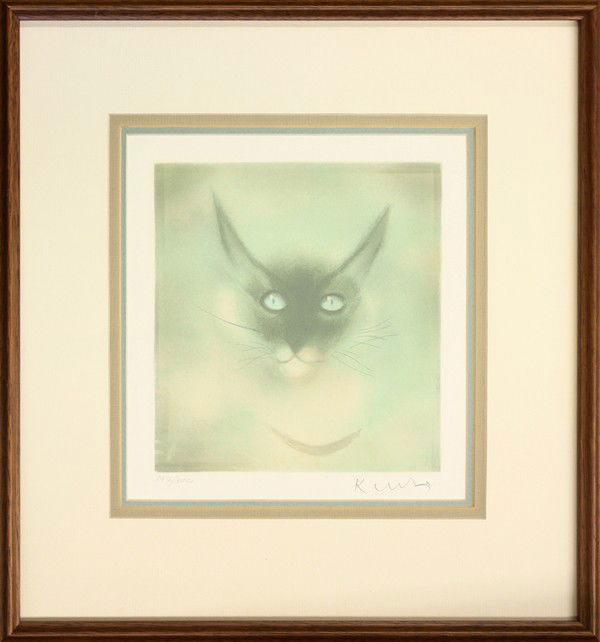 Lithograph, Cat, Kaito Moti: Framed lithograph, Cat, by Kaiko Moti (Indian, 1921-1989), pencil signed lower right, numbered edition 199/300, sight: 10''h x 9.75''w; overall 18''h x 17.25''w