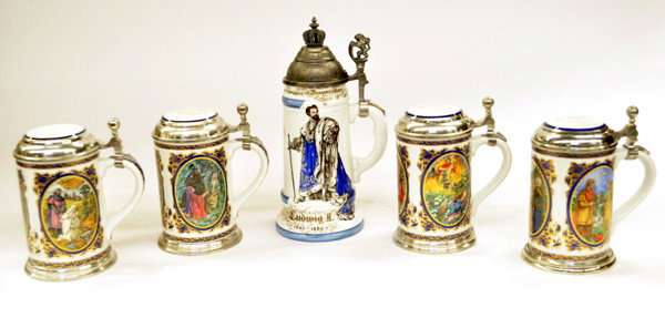 Villeroy & Bosch steins: (lot of 5) Four Villeroy & Boch porelain and pewter steins showcasing operas by Richard Wagner consisting of Tannhauser, Parsifal, Siegfried, and Lohengrin; together with a German porcelain and pewter
