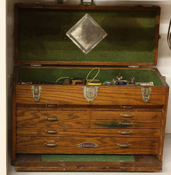 Oak engineers box: Craftsman Gerstner style oak engineers tool box containing multiple tools including tap and dies, punches, jewelry files, bolt extractors, slide calipers, milling machine tools, sockers, etc.