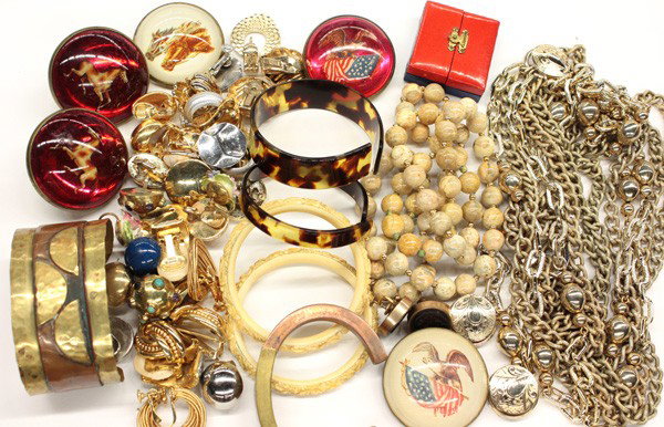 Collection of fashion jewelry items: Collection of miscellaneous fashion jewelry items, including; DeMario earrings; MONET starfish brooch and earrings; necklaces; earrings; bracelets; belt; watch, etc