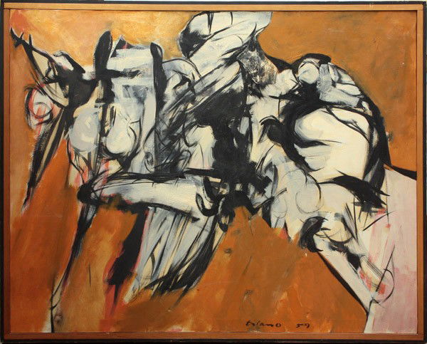 Painting, Anthony Triano, Ulysses: Framed oil on canvas, Ulysses, 1959, by Anthony Triano (American, 1928-1997), signed and dated ''Triano '59'' lower right, overall: 44''h x 57''w. Provenance: Montclair Art Museum (Montclair, NJ) deac