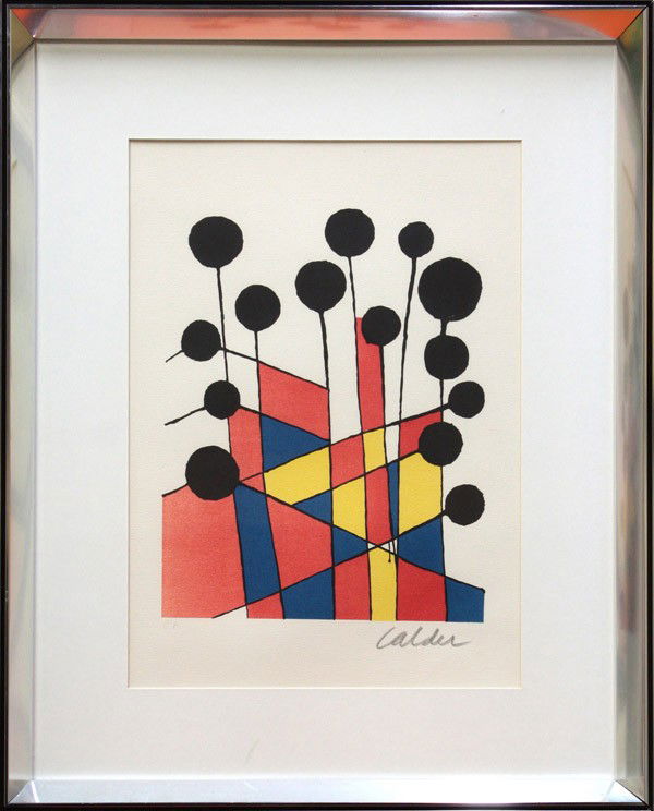 Lithograph, Attributed to Alexander Calder, Dot GL: Framed color lithograph, Spirals, Attributed to Alexander Calder (American, 1898-1976) bears pencil signature "Calder" lower right, inscribed "E.A." lower left, Butler Institute of Art and Christie's
