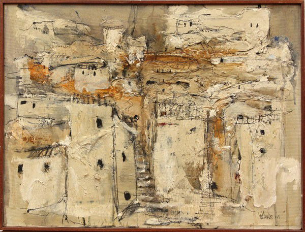 Painting, Gino Hollander, Landscape: Framed acrylic and ink on canvas, ''Untitled (Landscape)'', 1967, by Gino Hollander (Californian, b.1924), signed and dated ''hollander '67'' lower right, overall: 20.5''h x 26.5''w