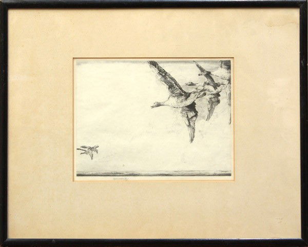 Prints by George Marples: (Lot of 2) Framed etchings, ''Wild Geese in Flight'' and Trout Fishing, by George Marples (British, 1869-1939), each signed in pencil lower left/center, edition 59/75 and 39/80, largest overall: 15.75