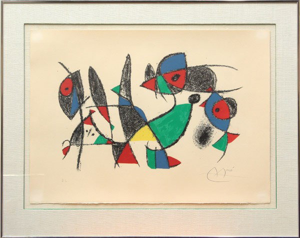 Prints, after Miro and Picasso: (Lot of 2) Framed color lithographs, Abstract Composition, after Joan Miro (Spanish, 1893-1983), bears signature lower right, Still Life with Flowers, after Pablo Picasso (Spanish, 1881-1973), bears p