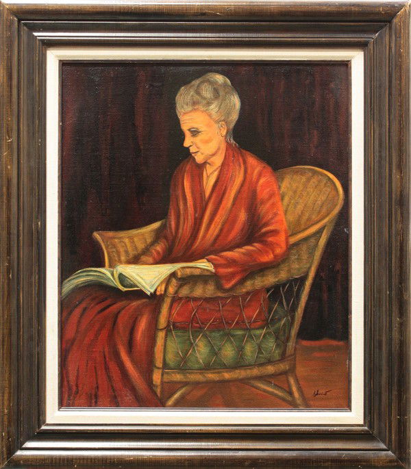 Painting, after Juan Soriano, Woman Reading: Framed oil on canvas, Portrait of a Woman Reading, after Juan Soriano (Mexican, 1920-2006), signed lower right, overall: 32.25''h x 28.25''w