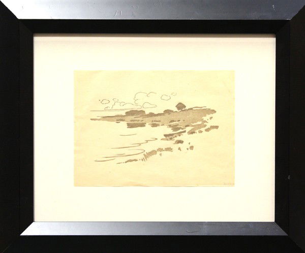 Prints, Arthur Wesley Dow, Samuel J. Woolf: (Lot of 3)Framed woodcut print, Rain in May, circa 1907, by Arthur Wesley Dow (American, 1857-1922), plate signed at lower left with artist's chop; a framed color relief print, Shore of the Creek, by
