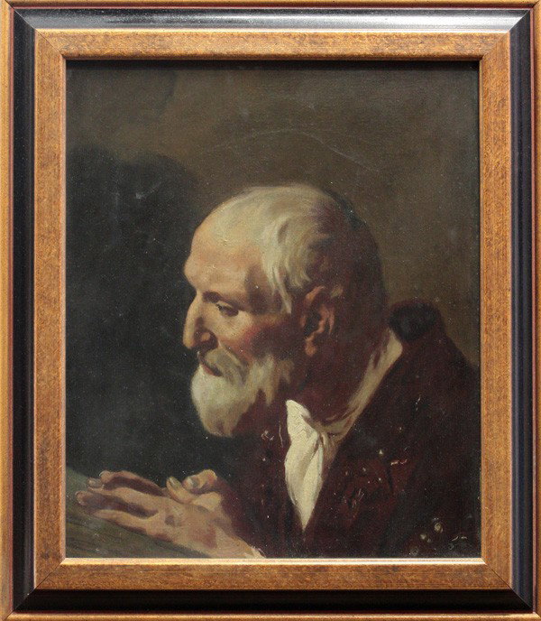 Painting, European, Man in Prayer: Framed oil on canvas, Man in Prayer, Scandinavian, 19th century, Maione Gallery, Oak Park, IL gallery label verso, overall: 23''h x 19.75''w