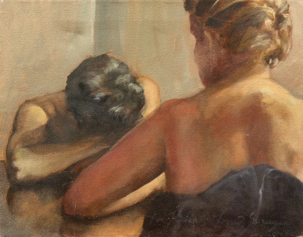 Painting, Seated Nudes: Unframed oil on canvas, Seated Nudes, inscribed indistinctly ''For Karin, Tomas Stragia(?)'' lower right, 20th century, overall: 16''h x 20''w