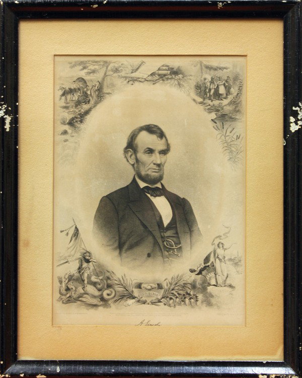 Set of 19th and 20th century prints: (Lot of 3) Framed etching and lithographs, ''Abraham Lincoln,'' 19th century, printed in New York, NY, and ''Trees,'' 1914, by Joyce Kilmer, published in Minneapolis, MN, and ''Du Rhone, France,'' 19t