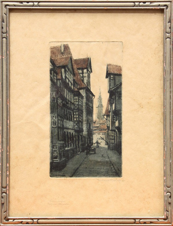 Three European prints: (Lot of 3) Framed etchings, European Village Scenes and Landscape with Cattle, Continental School (19th century), two signed indistinctly, largest overall: 20.25''h x 21.5''w