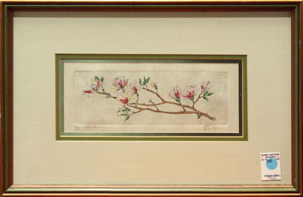 Print, Floral by Gross: Framed color etching on rice paper, ''Floral,'' signed ''Gross'' lower right, 20th century, gallery label (Robert Sills Gallery, Hollywood, CA) affixed verso, overall: 13''h x 20''w