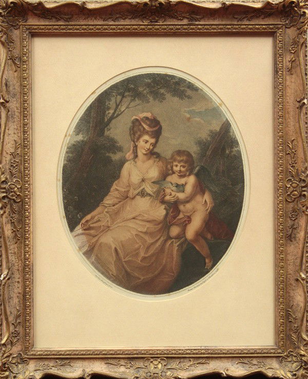 Engraving, Angelica Kauffman, Thomas Cheesman: Framed hand-colored stipple engraving, Mother and Child, after a painting by Angelica Kauffman, by Thomas Cheesman (British, 1890-1920), a follower of Francesco Bartolozzi (Italian, 1727-1815), image: