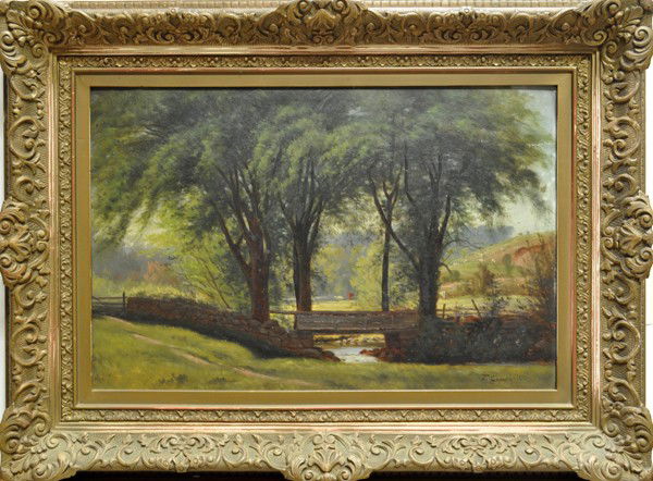 Painting, attributed to Thomas Campbell: Framed oil on board, Streamside Park, attributed to Thomas Campbell (British/Scottish, 1865-1943), signed ''T. Campbell'' lower right, overall: 18''h x 24''w