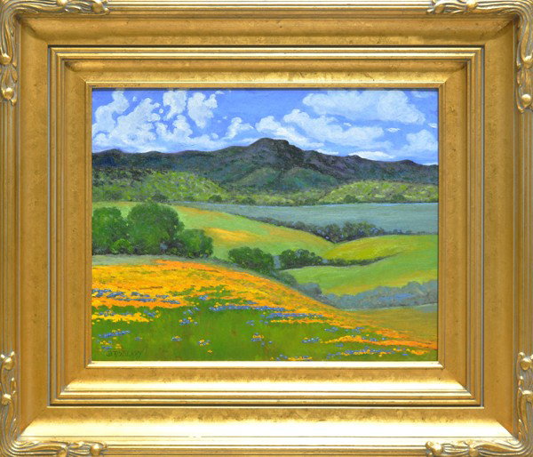 Painting, Jesse Rasberry, Clouds over Spring: Oil on board, ''Clouds over Spring Flowers,'' by Jesse Rasberry (Californian, b. 1940), signed ''JD Rasberry'' lower left, board: 16''h x 20''w, overall: 25.5''h x30''w