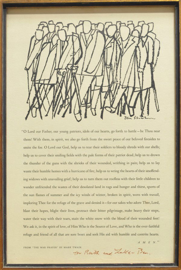 Lithograph, after Ben Shahn: Framed lithograph, From ''The War Prayer'' By Mark Twain, after Ben Shahn (American 1898-1969), inscribed ''To Ruth and Luke -Ben'' lower middle.