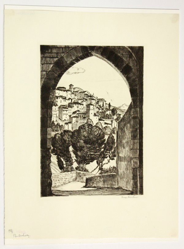 Etching, Max Kuehne, Spain, The Archway: Unframed etching, ''The Archway,'' by Max Kuehne (American, 1880-1968), pencil signed lower right, titled lower left, estate stamped verso, plate: 9.875''h x 6.875''w, overall: 16.75''h x 12.75''w