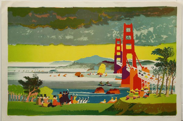 Lithographs, Dong Kingman, Doug Webb: (Lot of 5) Unframed color lithographs, American School, 20th century, ''Golden Gate'' and Sailboats, by Dong Kingman, Surreal Landscape, by Doug Webb, and others, all pencil signed and numbered within