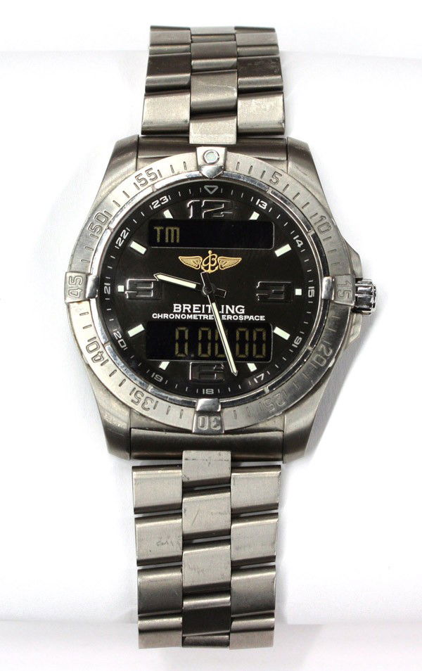 Gentleman's BREITLINH titanium wristwatch: Gentleman's BREITLING Chronometre Aerospace wristwatch; in titanium, having Swiss quartz movement, sapphire crystal lens. Model #E7936210/B781. Serial #1043893. Including boxes and papers