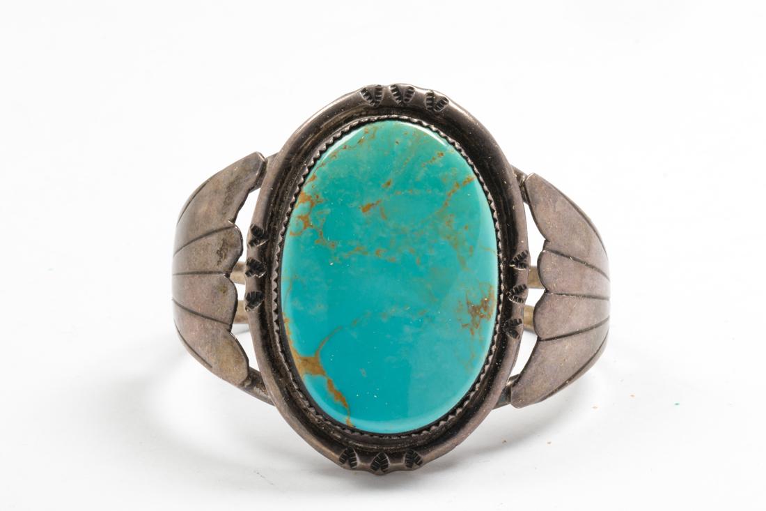 Hebert Tsosie turquoise sterling cuff bracelet, signed "HT" 2"h x 2 (1 of 1)