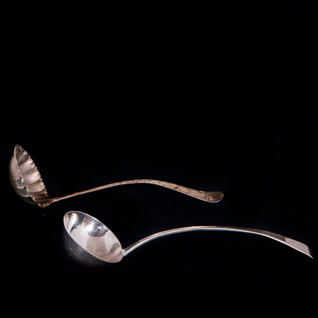 A (Lot of 2) Sterling ladles: A (Lot of 2) Sterling ladles, including a George IV ladle, Sarah & William Blake, London, circa 1822, marked "SH/IB" 13"l; and an Aesthetic Movement Gorham Acanthus ladle, circa 1889, 11"h, total weig