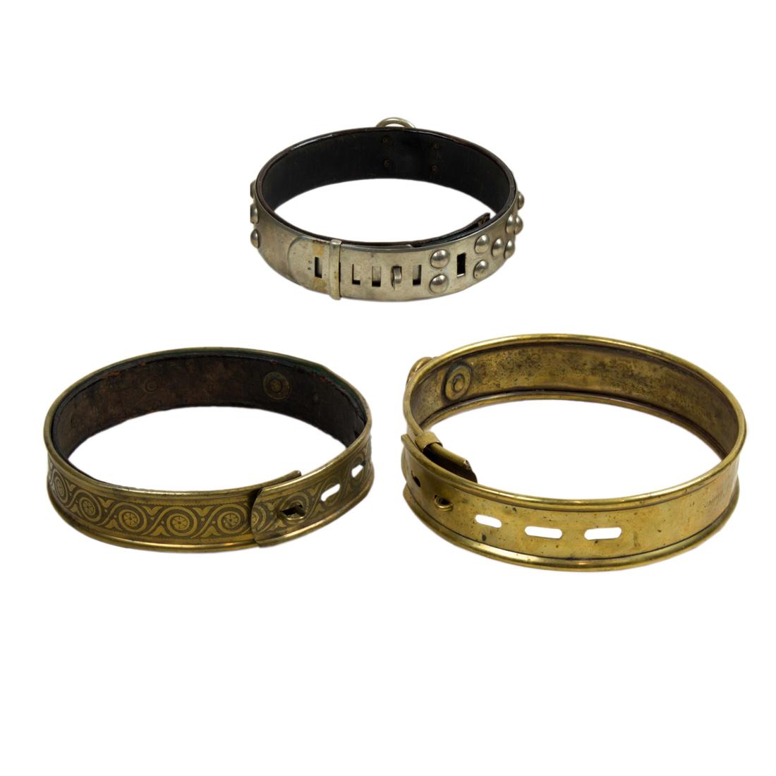 (Lot of 3) Victorian dog collars with engraved names: (Lot of 3) Victorian dog collars with engraved names, 19th century, each interior lined with leather, inscribed 'F. Smith No.1', 'Mr. Alfred A. Shaw' and 'Pippo, W. Oliver Thorne, greatest 7.75"dia.