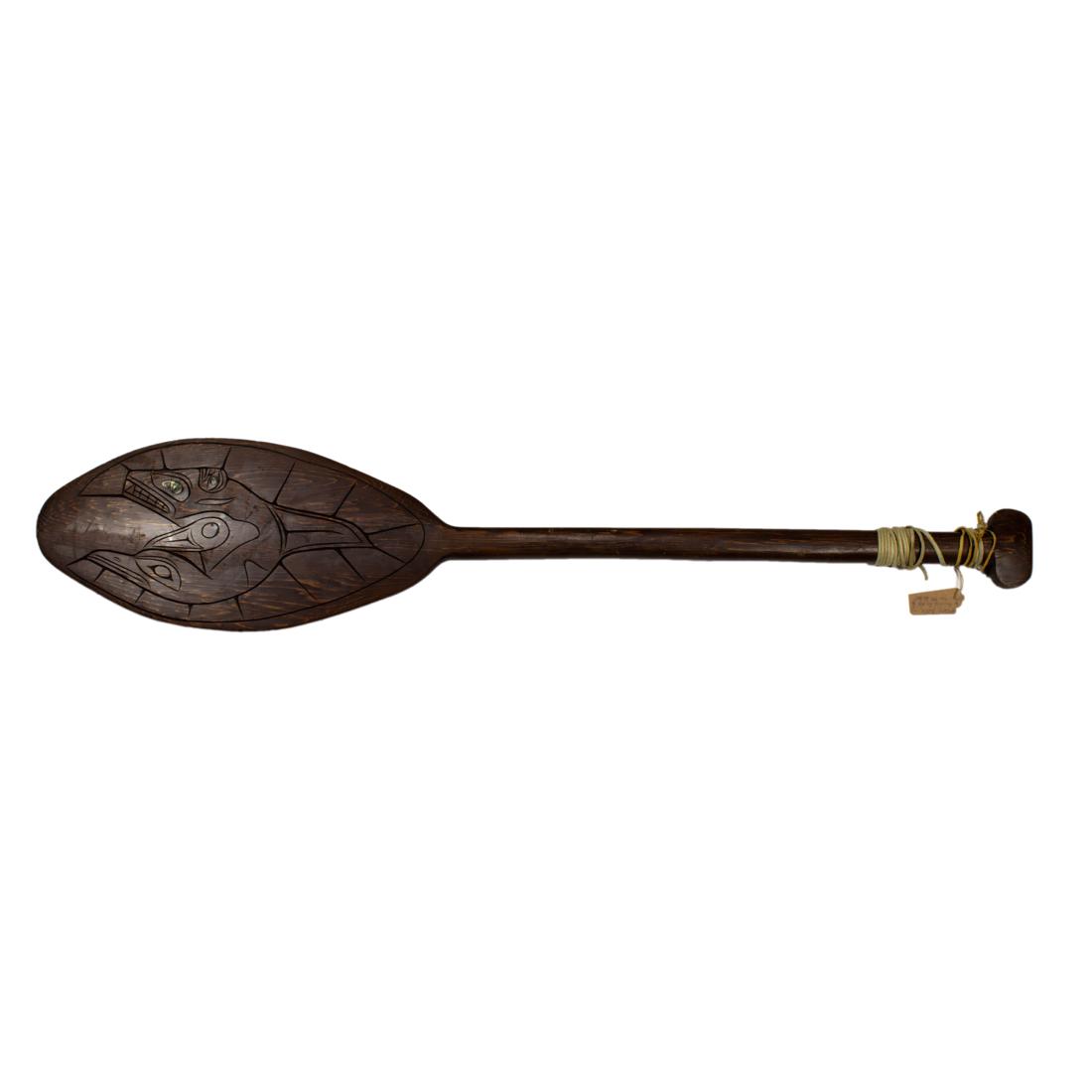 Northwest Coast red cedar paddle with abalone inlay: Northwest Coast red cedar paddle with abalone inlay, carved with sea creatures, inscribed G(Garris) Gonzales 47"l