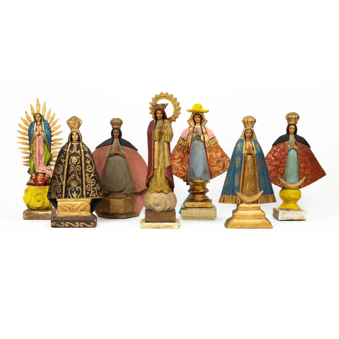 (Lot of 7) Spanish Colonial style carved and polychrome wood Madonna figures (1 of 2)