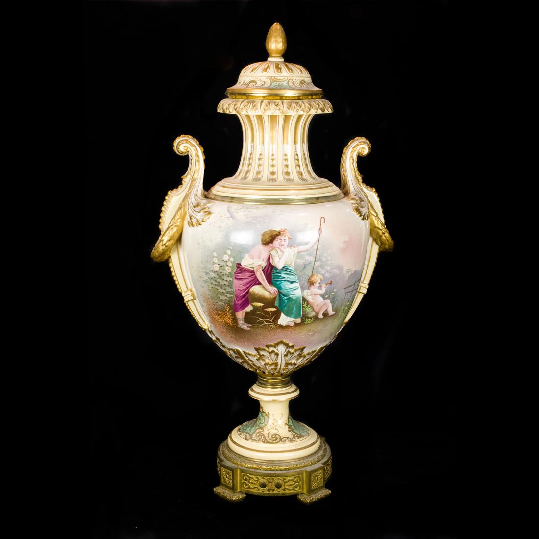 An imposing Sevres style gilt bronze mounted earthenware urn (1 of 4)