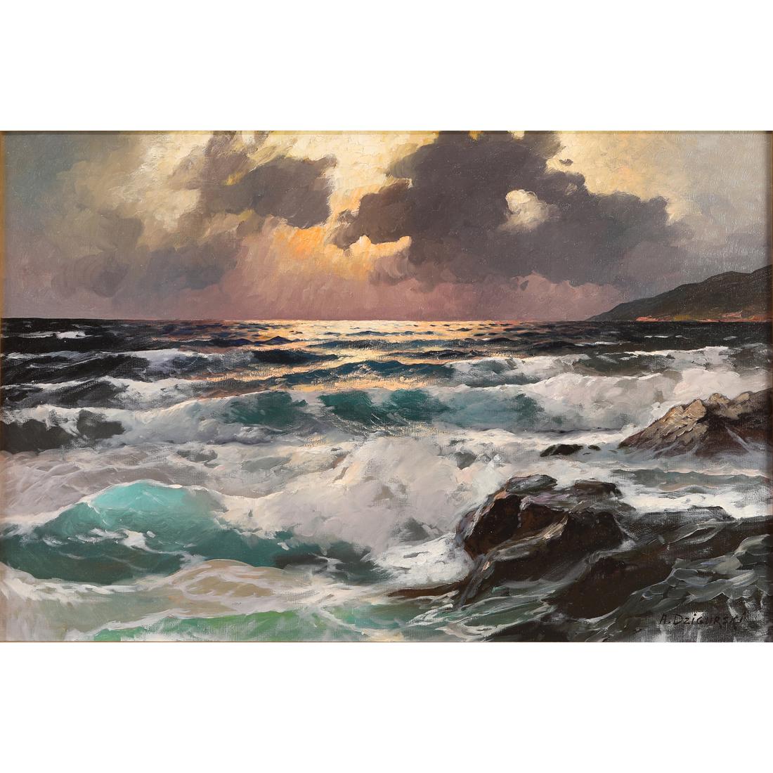Painting, Alexander Dzigurski: Alexander Dzigurski (American, 1911-1995), Crashing Waves, oil on canvas, signed lower right, canvas: 24"h x 36"w, overall (with frame): 32"h x 42.5"w. Provenance: Property of a prominent Hillsborough