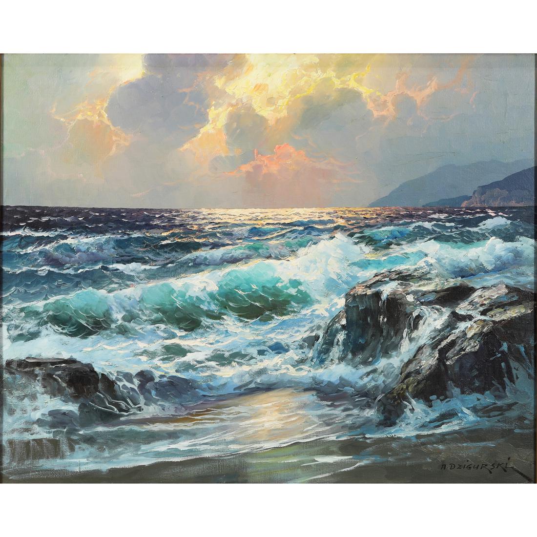 Painting, Alexander Dzigurski: Alexander Dzigurski (American, 1911-1995), Crashing Waves, oil on canvas, signed lower right, sight: 23.5"h x 29.5"w, overall (with frame): 30.5"h x 36.5"w. Provenance: Property of a prominent Hillsbo