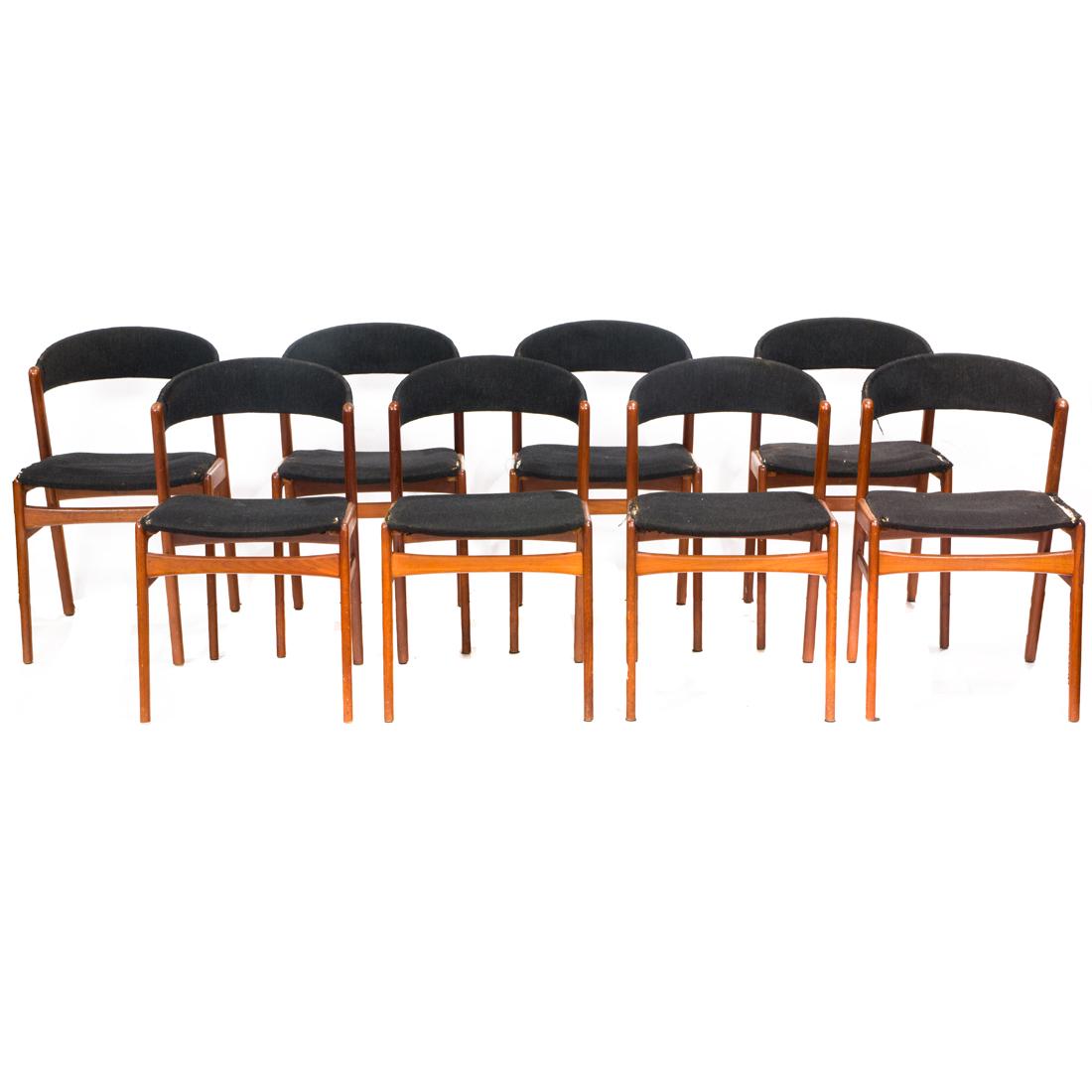Kai Kristiansen for Korup Stolefabrik, Dining Chairs, set of eight: Kai Kristiansen for Korup Stolefabrik, Dining Chairs, set of eight Denmark, circa 1960, teak, upholstery, 29.5"h