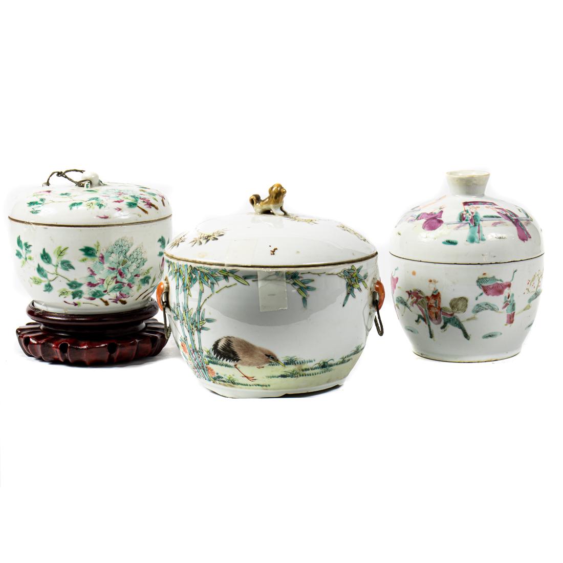 (lot of 3) Chinese famille rose lidded jars (1 of 2)