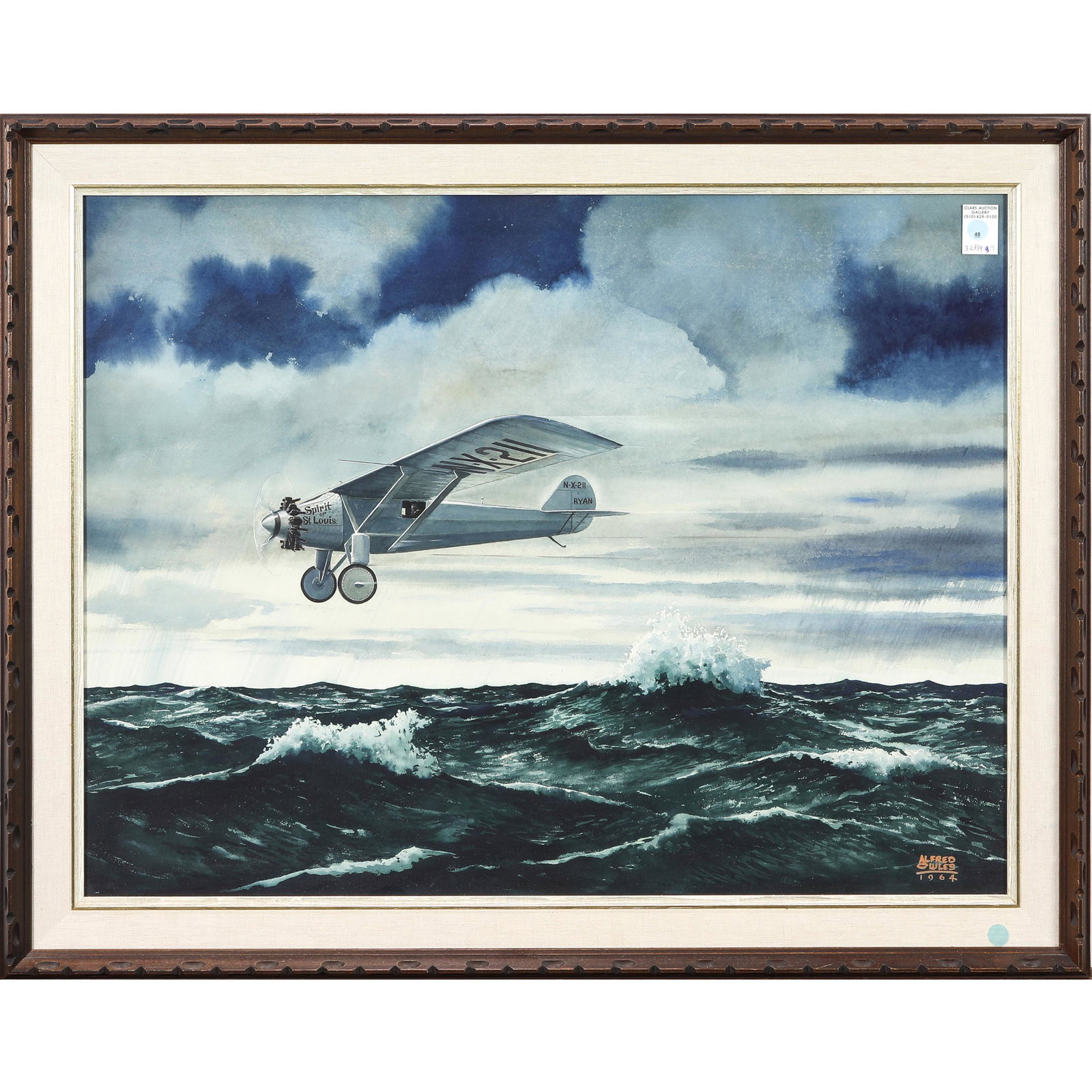 Watercolor, Alfred Owles: Alfred Owles (American, 1894-1978), Spirit of St. Louis, 1964, watercolor, signed and dated lower right, overall (with frame): 30.5"h x 38.5"w