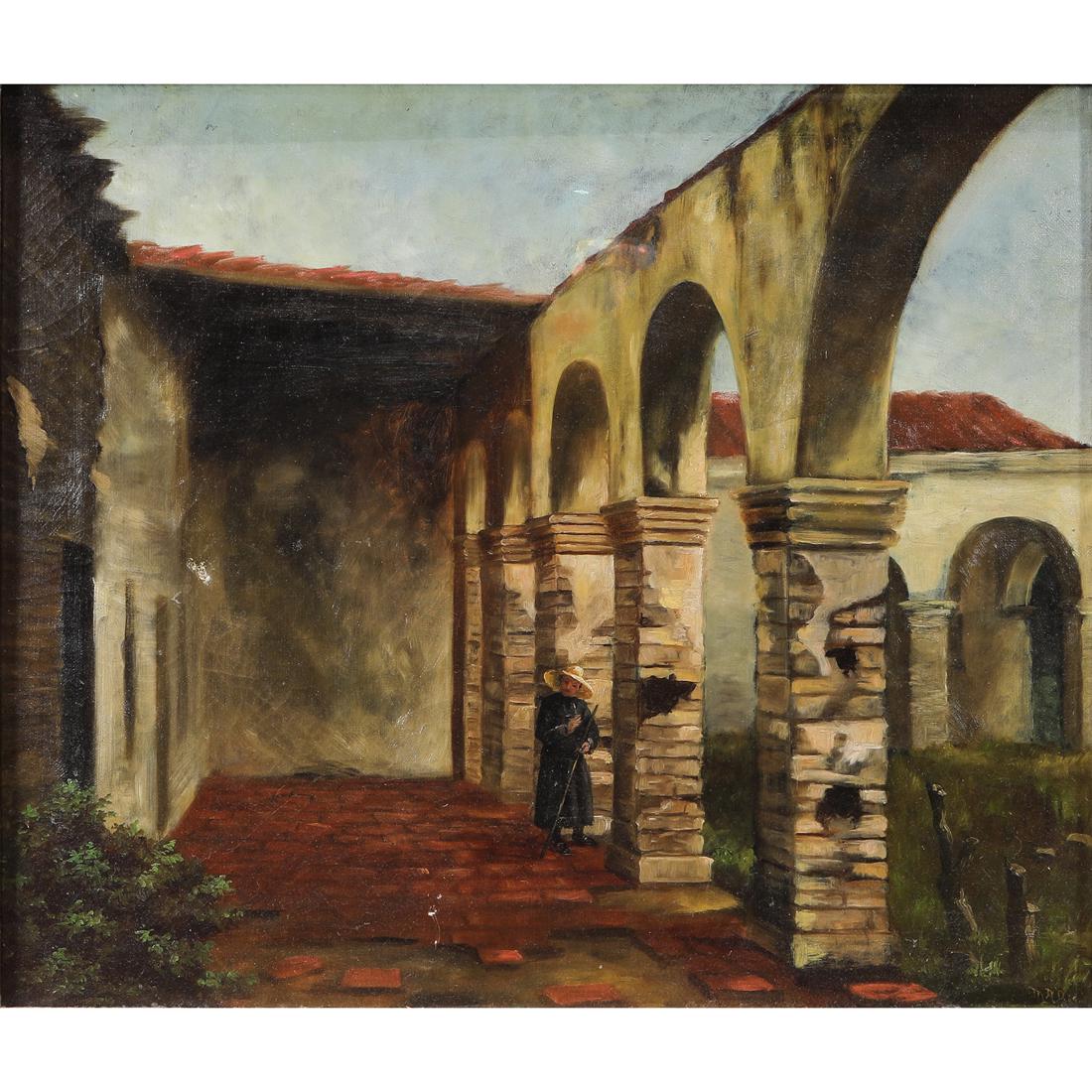 Painting, American School: American School (19th century), "San Juan Capistrano Mission, California," oil on canvas, initialed "MAD" lower right, overall (with frame): 27.5"h x 31.5"w