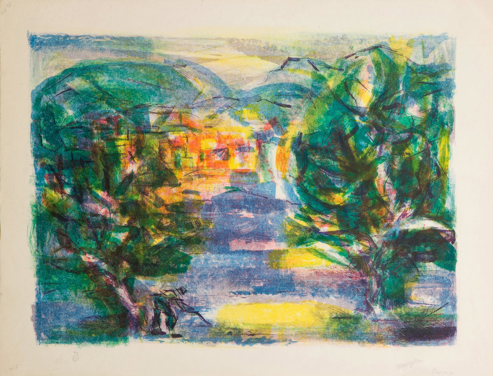 Print, Jean Marzelle: Jean Marzelle (French, 1916-2005), "Paysage," lithograph in colors, pencil signed and titled lower right, edition 77/275, sheet (unframed): 19.5"h x 26"w