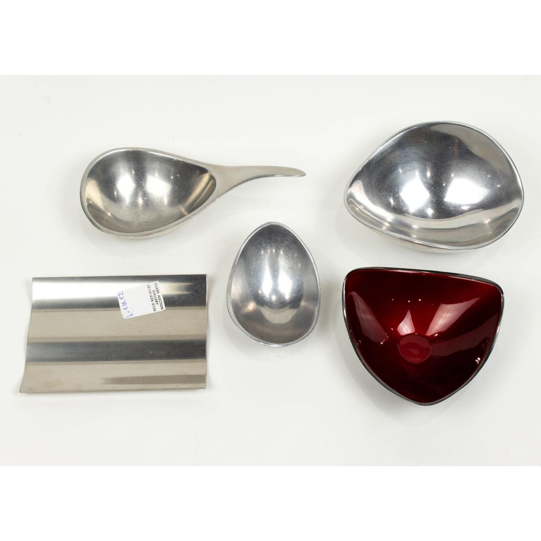 (Lot of 5) Modern enamel and metal serving pieces including: (Lot of 5) Modern enamel and metal serving pieces, consisting of (3) Nambe bowls, models 567, 573 and W568; Reed & Barton red enamel bowl designed by John prip, model and a Royal Copenhagen ripple for