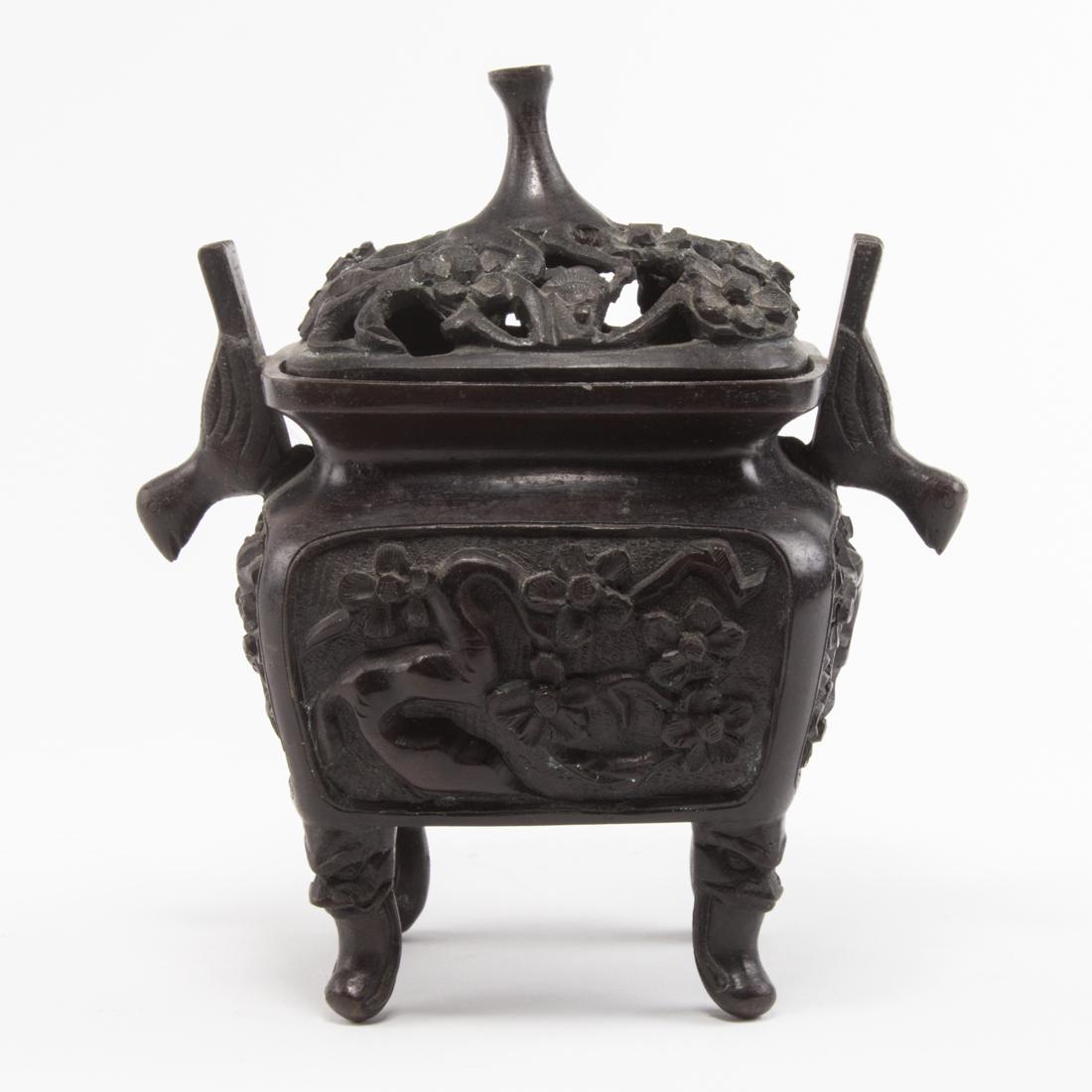 Chinese cast bronze footed censer and cover (1 of 4)