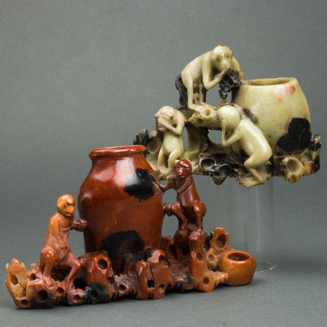(lot of 2) Chinese soapstone 'monkey' vases (1 of 3)