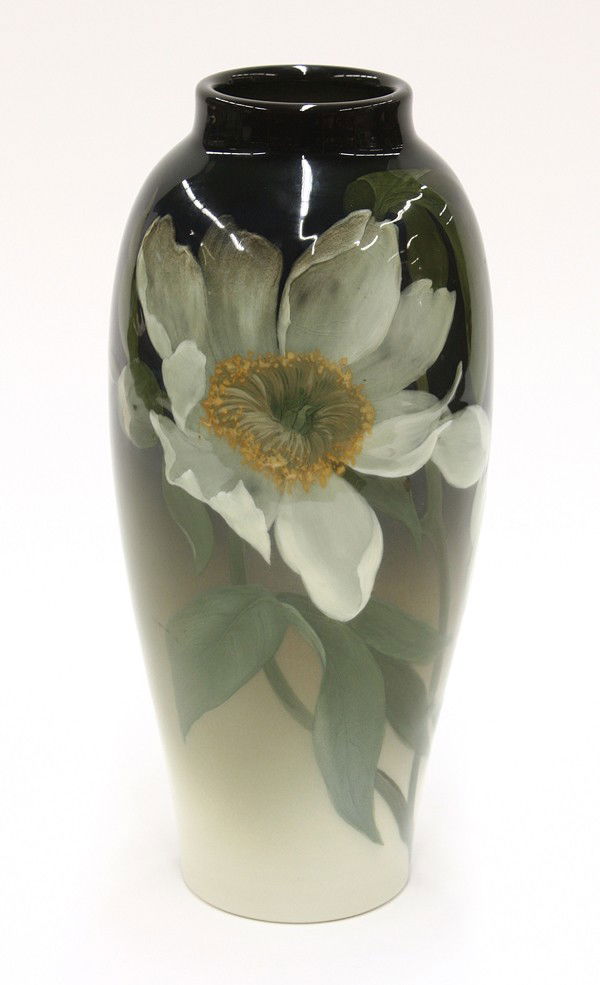Rookwood Iris glaze vase, Sax 1903: Rookwood Iris glaze vase, executed in 1903 by Sara Sax, the American art pottery vase with large floral decoration portraying two large white peony flowers against the black to green ground in the Iri