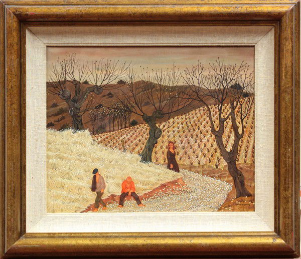 Painting, Max Savy: Framed oil on canvas, ''Les Trois Personnages aux Trois Arbres, by Max Savy (French, b. 1918), signed ''Max Savy'' lower right, Zantman Gallery, Carmel, California label affixed verso, canvas: 13''h x