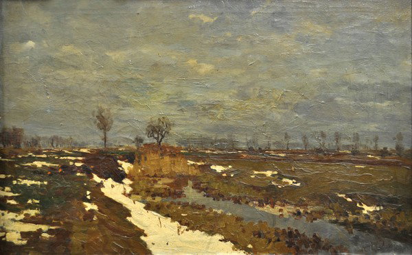 Painting, Laszlo Medyanszky: Framed oil on canvas, Spring Landscape, by Laszlo Mednyanszky (Hungarian, 1852-1919), signed ''Medyanszky'' lower right, sight: 21.5''h x 33.25''w