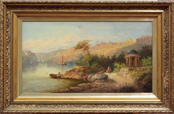 Painting, James Baker Pyne: Framed oil on canvas, ''View of Constantinople from the Bosphorus,'' by James Baker Pyne (British, 1800-1870), signed ''J.B. Pyne'' lower right, canvas: 18''h x 32''w, overall: 27''h x 41''w