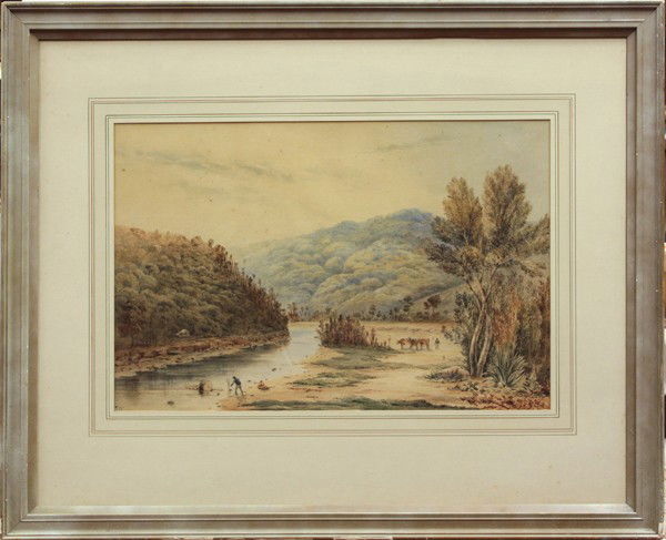 Watercolor, British School, 19th century: Framed watercolor, Cattle by the River, British School (19th century), bears initials ''H.W.'' lower left, inscribed with artist's name verso, sight: 15''h x 22.75''w, overall: 28''h x 34.75''w