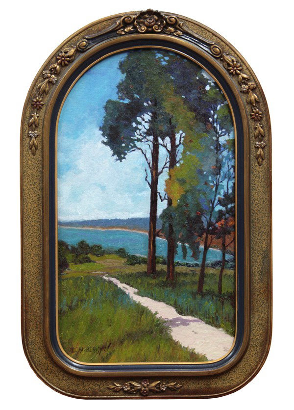 Painting, Jesse Rasberry, Path by the Bay: Framed oil on canvas board, ''Path by the Bay, California Coast,'' by Jesse Don Rasberry, (Californian, b.1940), signed ''J.D. Rasberry'' lower left, sight: 18.75''h x 10.75''w, overall: 23'' x 15.25'