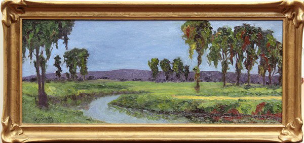 Painting, Jesse Rasberry, Eucalyptus Grove: Framed oil on board, Stream Through the Eucalyptus Grove, by Jesse Rasberry (Californian, b.1940), signed ''J.D. Rasberry'' lower left, board: 9''h x 22''w, overall: 12''h x 25''w